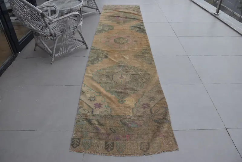 2,7x12,2 ft türkischer Teppich, Vintage Läuferteppich, braun rosa orientalischer Wollteppich - 1