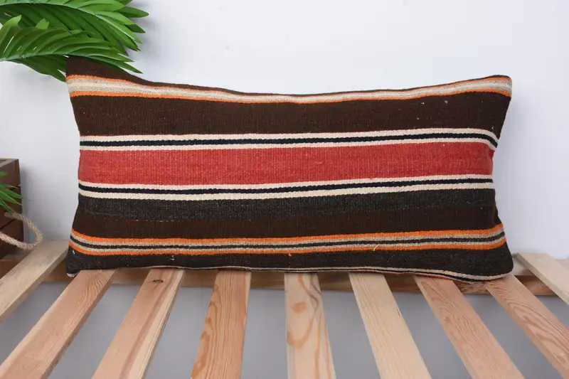 Nomadic Cushion, 12x24 Brown Pillow Sham, Boho Pillow, Office Chair Pillow Case, Ethnical Kilim Rug Pillow, Gift Pillow, Pillow Cover - 1