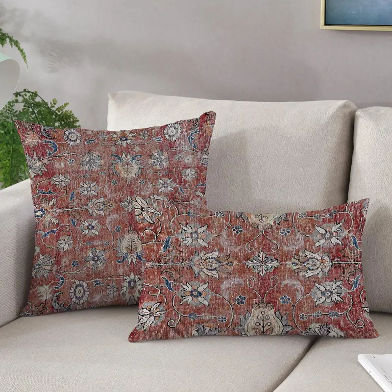 Nötr & Kırmızı Vintage Türk Halısı Desenli Baskılı Yastık