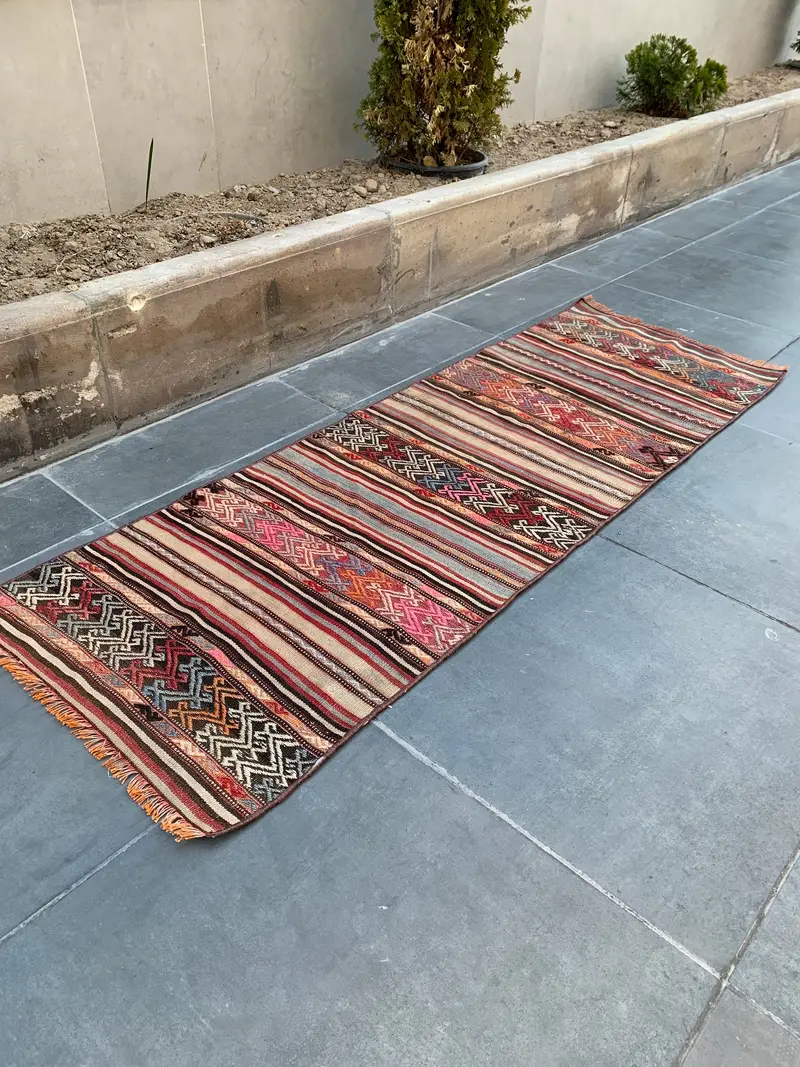 オレンジ & ベージュ ラグ、2.1x6.1 フィート 花柄 & 幾何学模様