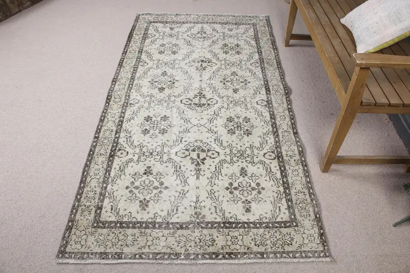 Zarif Bej ve Kahverengi Halı, 3,7x7,2 ft Botanik Tasarım