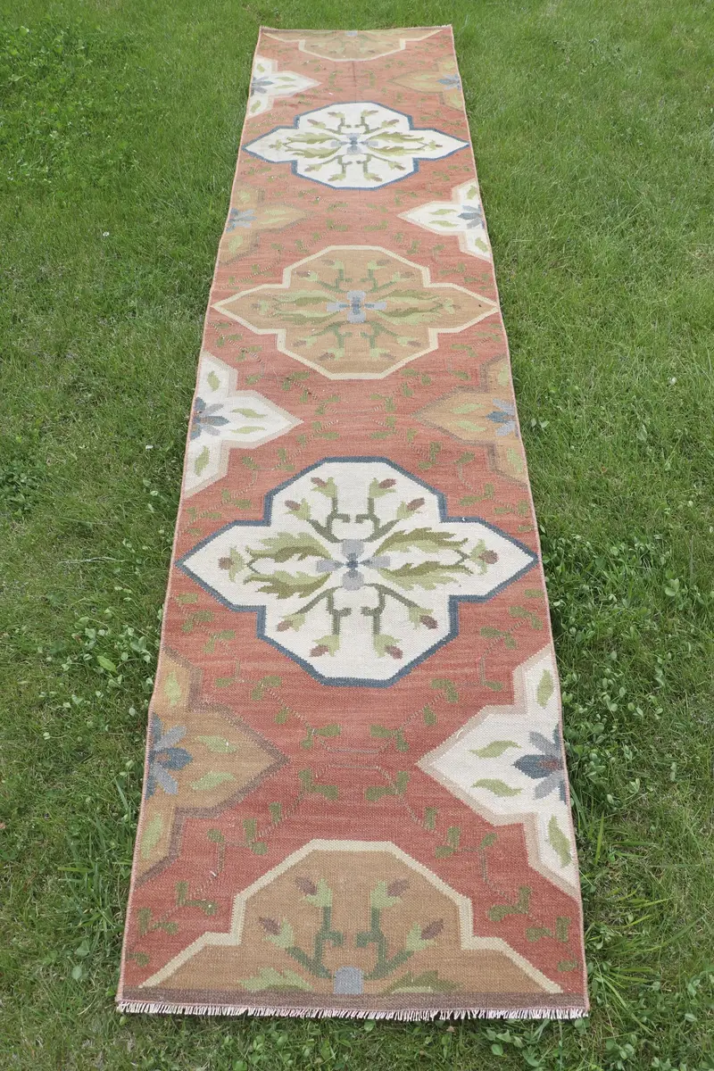 Mor, Bej Halı 2x9,1 ft, Geometrik Çiçek Desenli