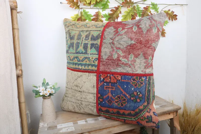 Vintage Kilim Pillow, Vintage Kilim Pillow Cushion Cover, Armchair Cushion Case, Pillow Cover, 24x24 Blue Pillow Sham, Kilim Pillow, Antique Pillows - 4
