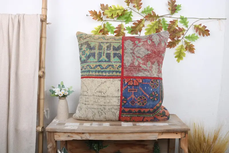 Vintage Kilim Pillow, Vintage Kilim Pillow Cushion Cover, Armchair Cushion Case, Pillow Cover, 24x24 Blue Pillow Sham, Kilim Pillow, Antique Pillows - 1
