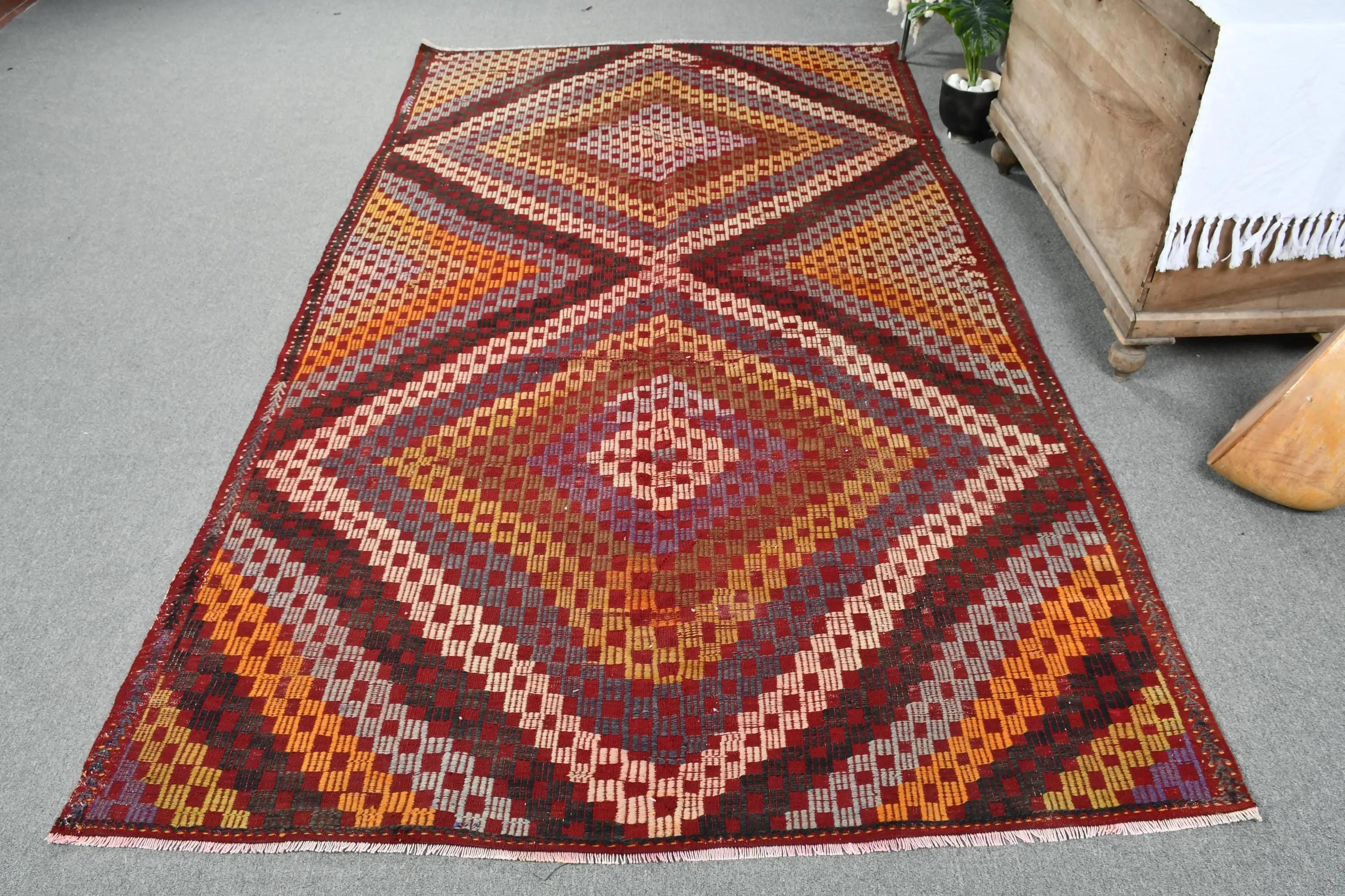 Mor ve Turuncu Kareli Halı, 5,6x9,5 ft Zarif Dekor - 1