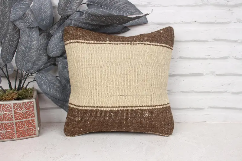 Throw Kilim Pillow, Cushion Cover, Outdoor Bolster Pillow Case, Kilim Pillow, 12x12 Brown Pillow Cover, Pillow for Sofa, Turkish Bench Cushion Case - 1