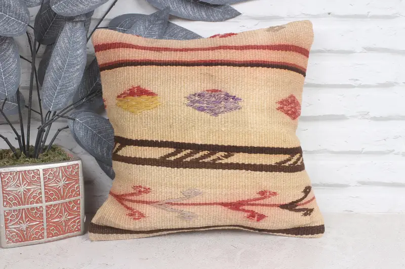 Cushion, Turkish Kilim Pillow, Kilim Pillow, 12x12 Beige Cushion Cover, Kilim Pillow Cover, Handwoven Pillow Cover Cushion - 1