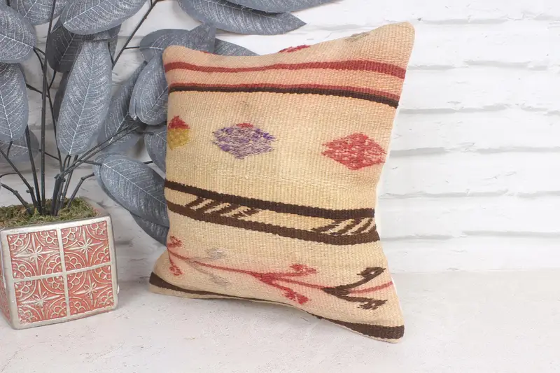 Cushion, Turkish Kilim Pillow, Kilim Pillow, 12x12 Beige Cushion Cover, Kilim Pillow Cover, Handwoven Pillow Cover Cushion - 3