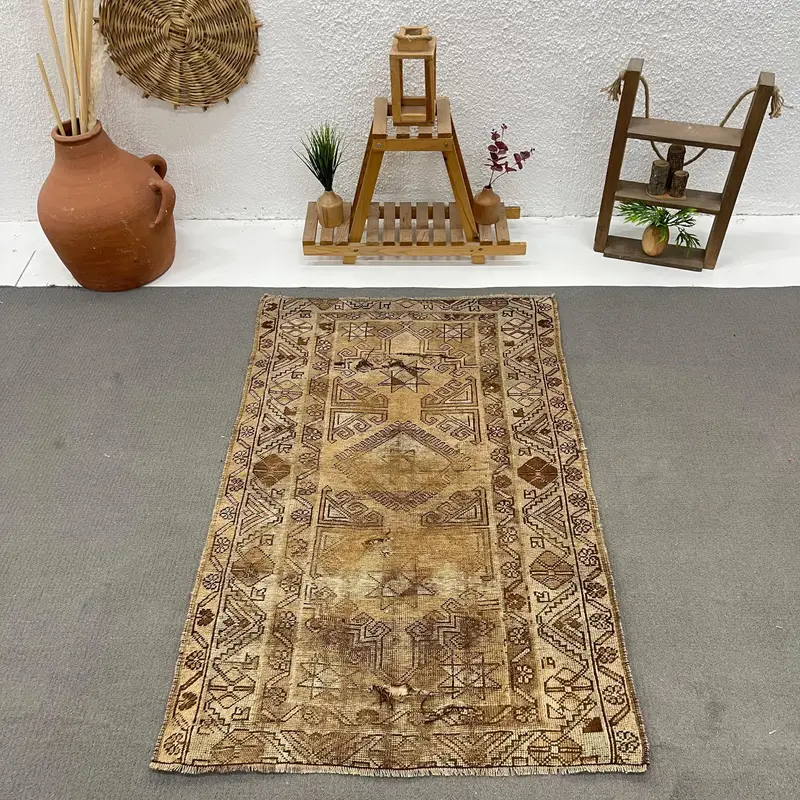 3.2x4.9 ft Oushak Rug, Vintage Turkish Rug, Brown Yellow Oriental Rug - 1