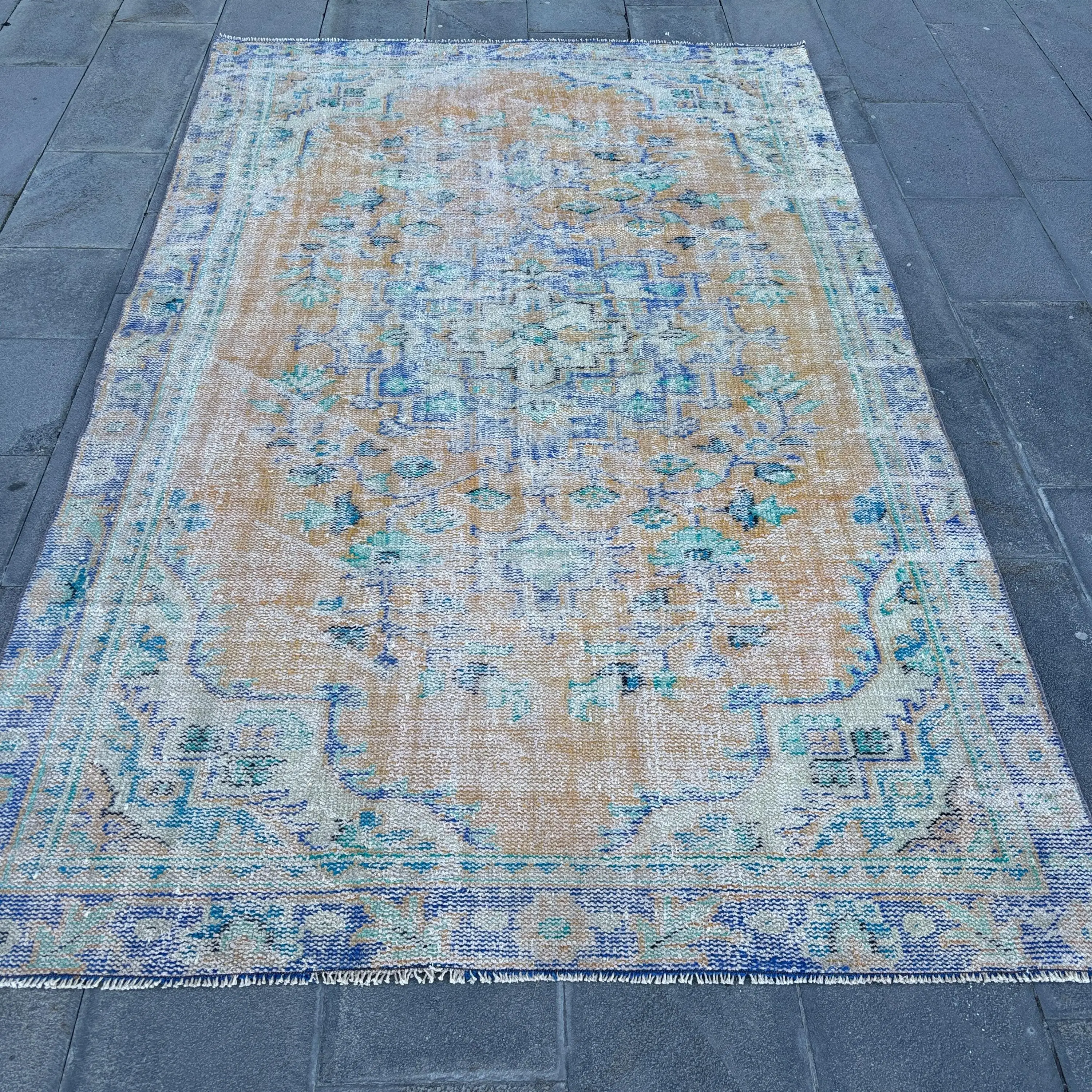 5.4x8.9 ft Vintage Türk Halısı, Büyük Halı, Mavi Yün Halı - 1