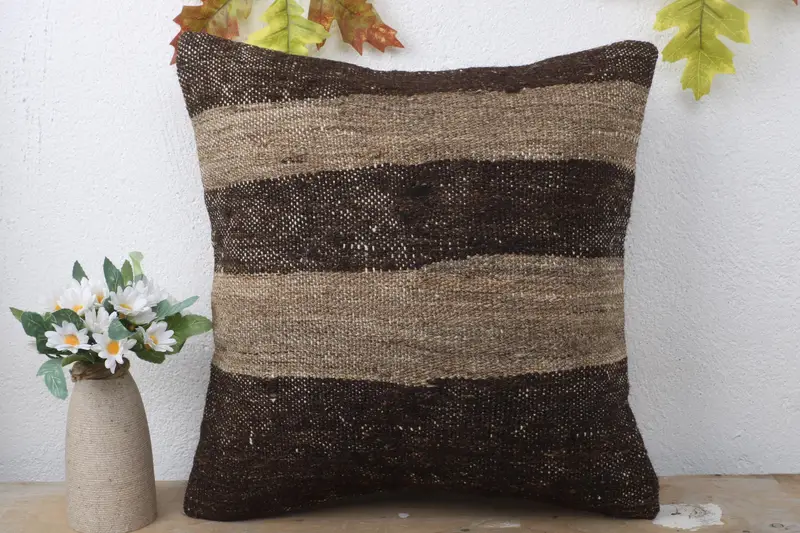 Vintage Kilim Throw Pillow, Kilim Pillow Cover, Cushion, Outdoor Pillow, Square Throw Pillow Sham, Turkish Kilim Pillow, 16x16 Brown Pillow Cover - 2