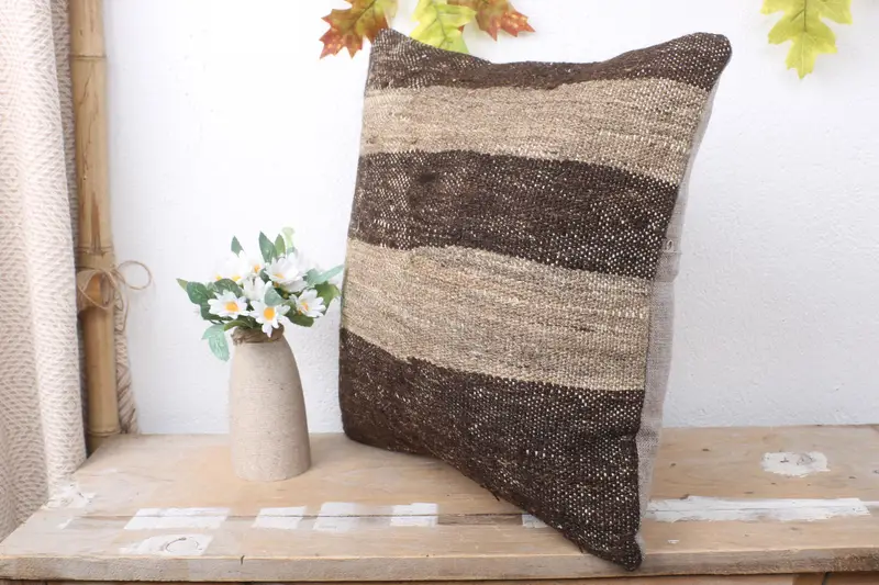 Vintage Kilim Throw Pillow, Kilim Pillow Cover, Cushion, Outdoor Pillow, Square Throw Pillow Sham, Turkish Kilim Pillow, 16x16 Brown Pillow Cover - 4