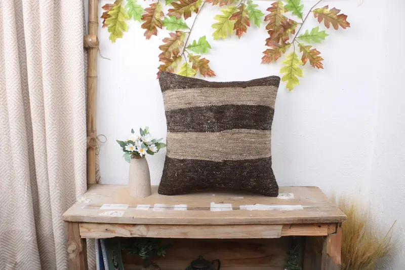 Vintage Kilim Throw Pillow, Kilim Pillow Cover, Cushion, Outdoor Pillow, Square Throw Pillow Sham, Turkish Kilim Pillow, 16x16 Brown Pillow Cover - 1