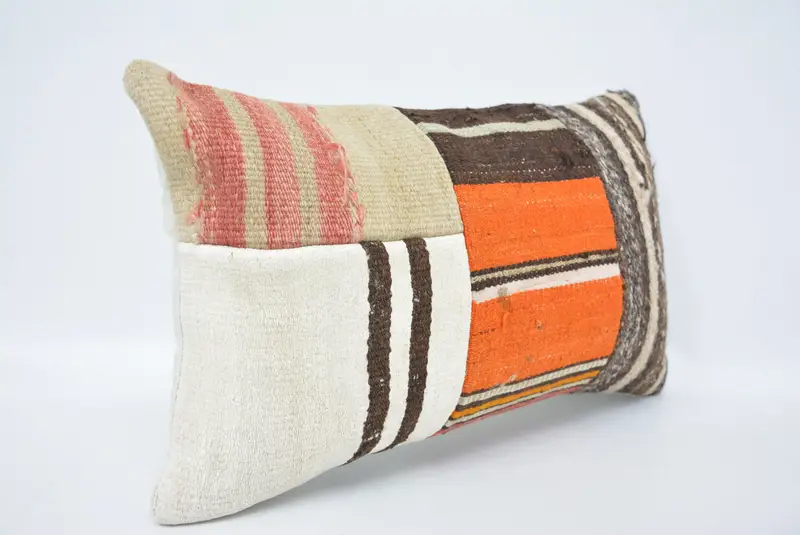 Cushion Case, Customized Pillow, Meditation Pillow Sham, Handmade Kilim Cushion, Vintage Kilim Pillow, Turkish Pillow, 12x20 Orange Cushion Cover - 3