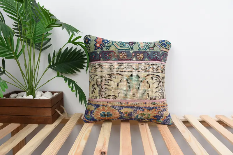 Pillow, Kilim Cushion Sham, Throw Kilim Pillow, 18x18 Yellow Pillow Sham, Boho Pillow Sham Cover, Wool Kilim Pillow Pillow Case - 1