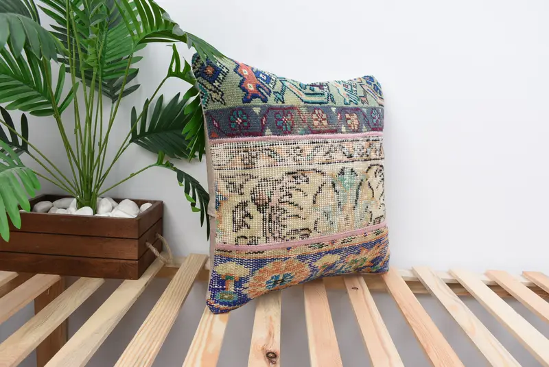 Pillow, Kilim Cushion Sham, Throw Kilim Pillow, 18x18 Yellow Pillow Sham, Boho Pillow Sham Cover, Wool Kilim Pillow Pillow Case - 4