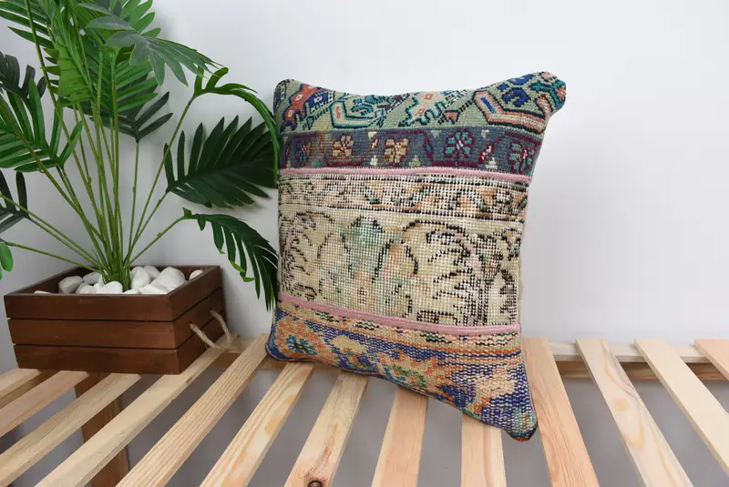 Pillow, Kilim Cushion Sham, Throw Kilim Pillow, 18x18 Yellow Pillow Sham, Boho Pillow Sham Cover, Wool Kilim Pillow Pillow Case - 5