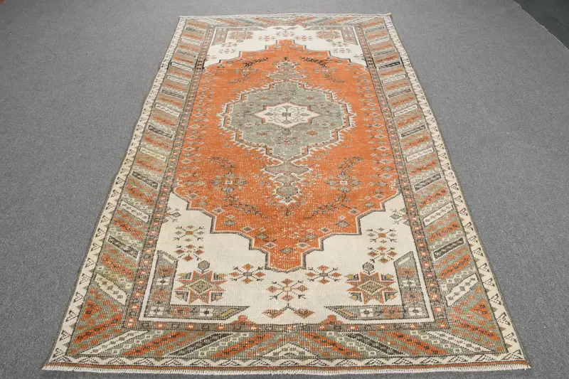Turkish Vintage Oushak Rug 4.7x8.1 ft, Orange Area Patchwork Wool Rug - 1