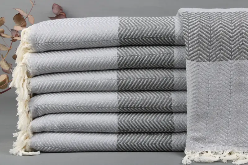 Turkish Throw Blanket Gray Chevron, Organic Cotton, 79x83 Inches