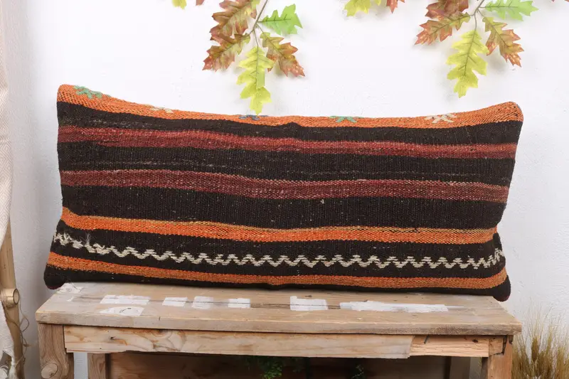 İşlemeli Kırmızı & Turuncu Çizgili Yastık, El Yapımı Vintage Kırlent