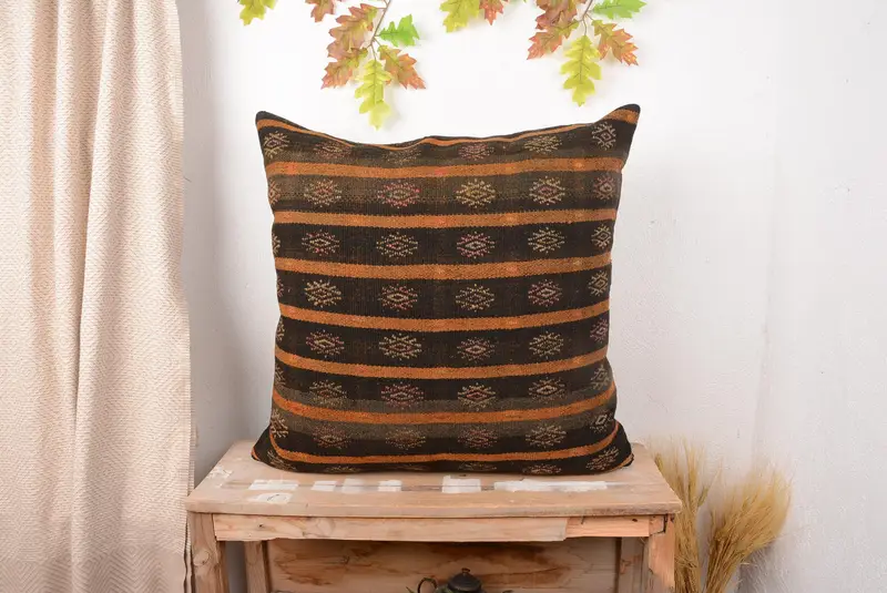 Brown & Orange Striped Throw Pillow, Handmade Embroidered Cushion