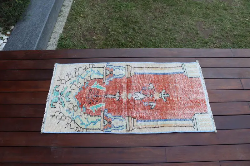 Alfombra turca de 1,7x3,4 pies, alfombra pequeña vintage, alfombra sólida azul roja - 1