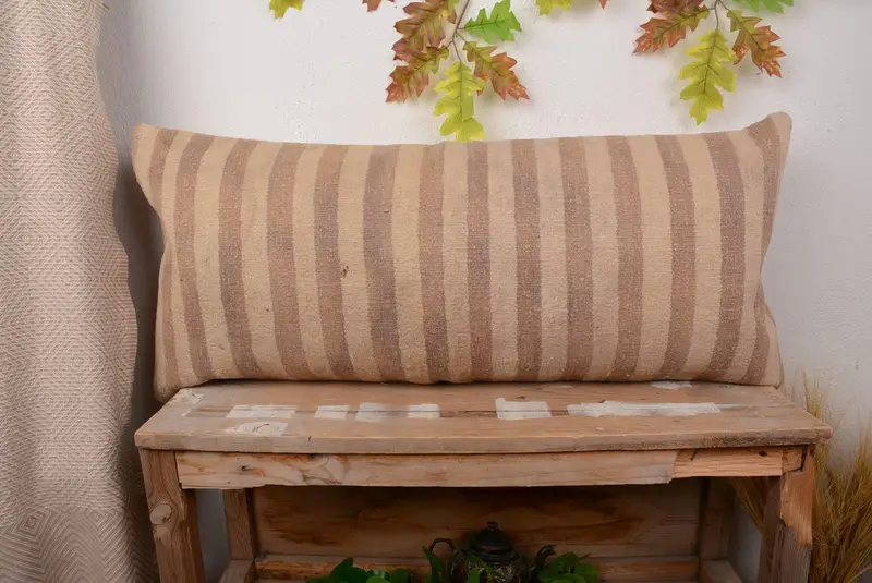 Beige & Brown Striped Throw Pillow, 16x36 Handmade Cushion