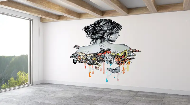 Bright Wall Paper,Girl Wallpaper,Modern Wall Paper,Abstract Wall Art,3d Wall Paper,Girl And Butterflies Drawing,Modern Mural, - 7