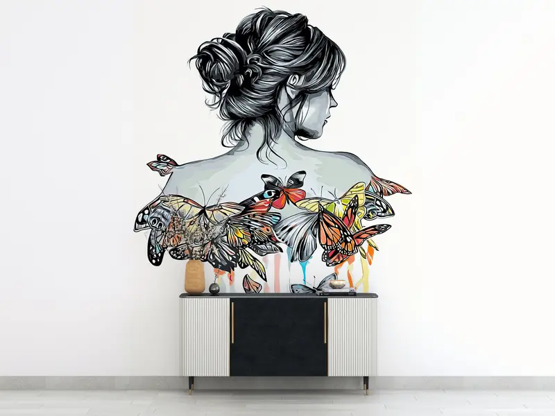 Bright Wall Paper,Girl Wallpaper,Modern Wall Paper,Abstract Wall Art,3d Wall Paper,Girl And Butterflies Drawing,Modern Mural, - 2