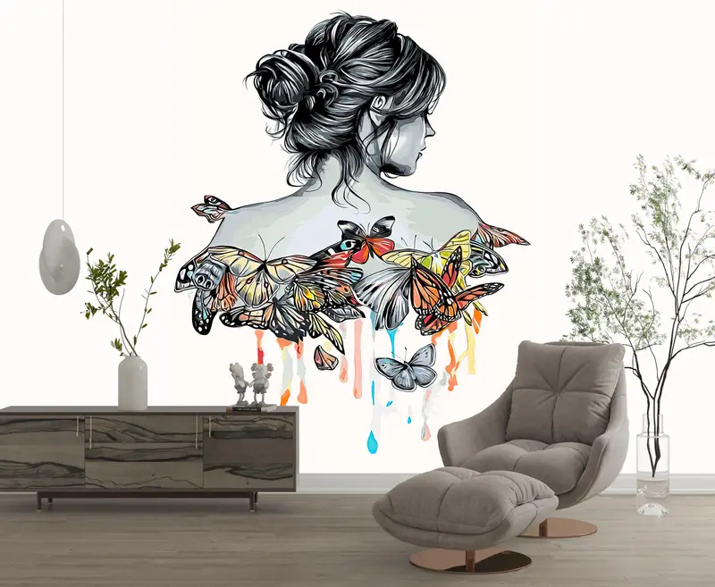 Bright Wall Paper,Girl Wallpaper,Modern Wall Paper,Abstract Wall Art,3d Wall Paper,Girl And Butterflies Drawing,Modern Mural, - 3
