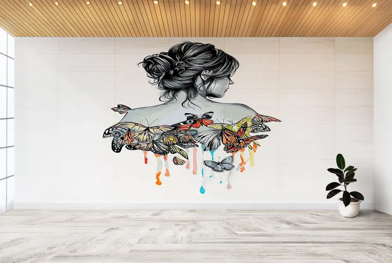 Bright Wall Paper,Girl Wallpaper,Modern Wall Paper,Abstract Wall Art,3d Wall Paper,Girl And Butterflies Drawing,Modern Mural, - 9