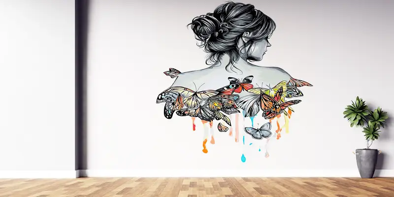 Bright Wall Paper,Girl Wallpaper,Modern Wall Paper,Abstract Wall Art,3d Wall Paper,Girl And Butterflies Drawing,Modern Mural, - 8