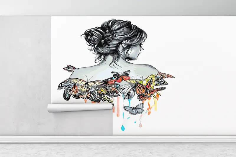 Bright Wall Paper,Girl Wallpaper,Modern Wall Paper,Abstract Wall Art,3d Wall Paper,Girl And Butterflies Drawing,Modern Mural, - 6