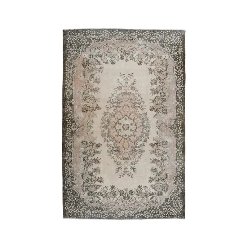 Turkish 5.9x9.4 ft Rug, Oushak Vintage Rug, Gray Bordered Rug Wool - 1
