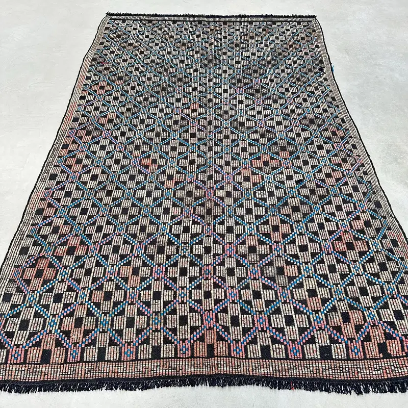 Kahverengi ve Mavi Halı, 5,3x8,7 ft Çiçek ve Geometrik Tasarım