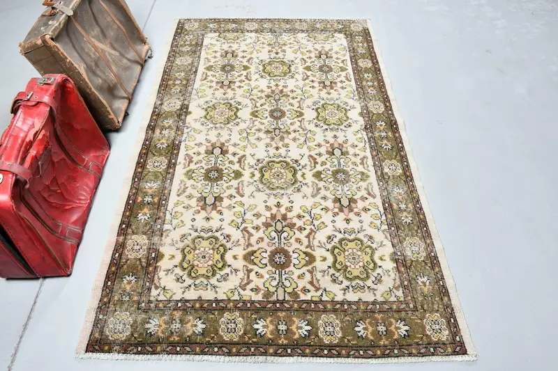 3.9x6.8 ft Halı, Türk Vintage Alan Halısı, Yeşil Oushak Yün Halı - 1