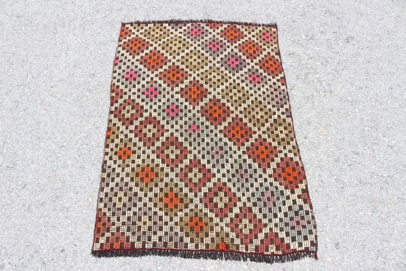 Alfombra turca vintage, alfombra Kilim de 2,7x3,8 pies, alfombra Ombré marrón naranja - 1