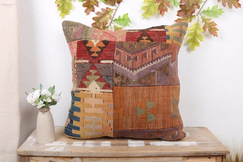 Orange & Braunes Patchwork Kissen, 22x22 handgemachtes Leinenkissen