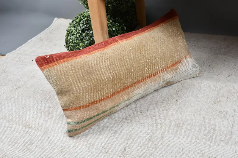 Kilim Pillow, Handmade Kilim Cushion, 12x24 Beige Cushion Case, Pillow Cover, Ikat Cushion Cover, Anatolian Cushion Case, Vintage Pillow - 7