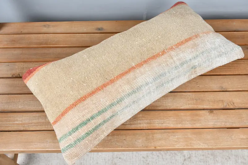 Kilim Pillow, Handmade Kilim Cushion, 12x24 Beige Cushion Case, Pillow Cover, Ikat Cushion Cover, Anatolian Cushion Case, Vintage Pillow - 2