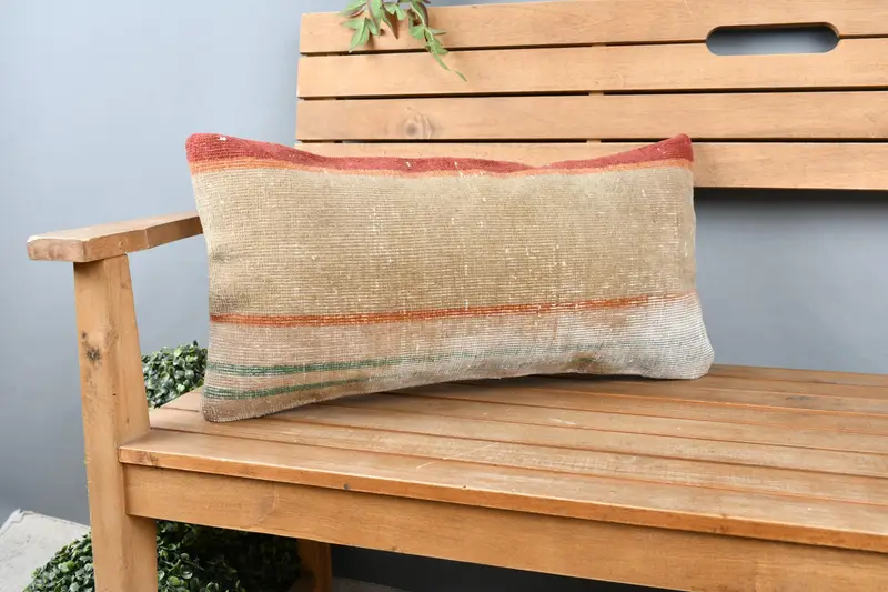 Kilim Pillow, Handmade Kilim Cushion, 12x24 Beige Cushion Case, Pillow Cover, Ikat Cushion Cover, Anatolian Cushion Case, Vintage Pillow - 1