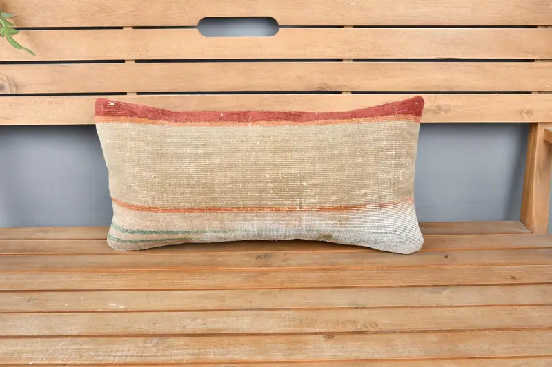 Kilim Pillow, Handmade Kilim Cushion, 12x24 Beige Cushion Case, Pillow Cover, Ikat Cushion Cover, Anatolian Cushion Case, Vintage Pillow - 6