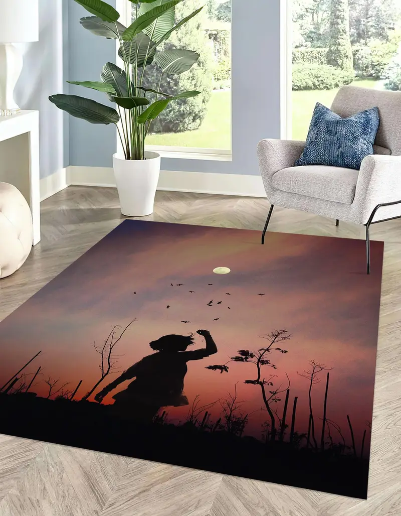 Elegant Printed Rug: Girl Silhouette, Full Moon, Sky Landscape