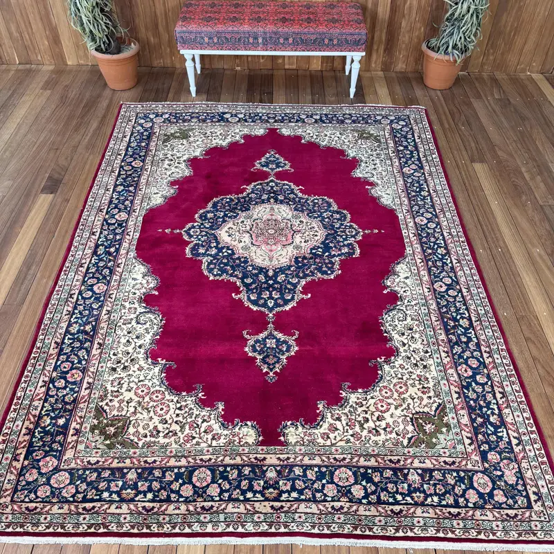 Vintage Turkish Oushak Rug 6.6x9.1 ft (200x277 cm), Red Camouflage Wool Rug - 1