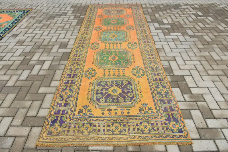 Vintage Türkischer Teppich 4,1x11,7 ft (124x358 cm), Oushak Gelber Wollteppich - 1