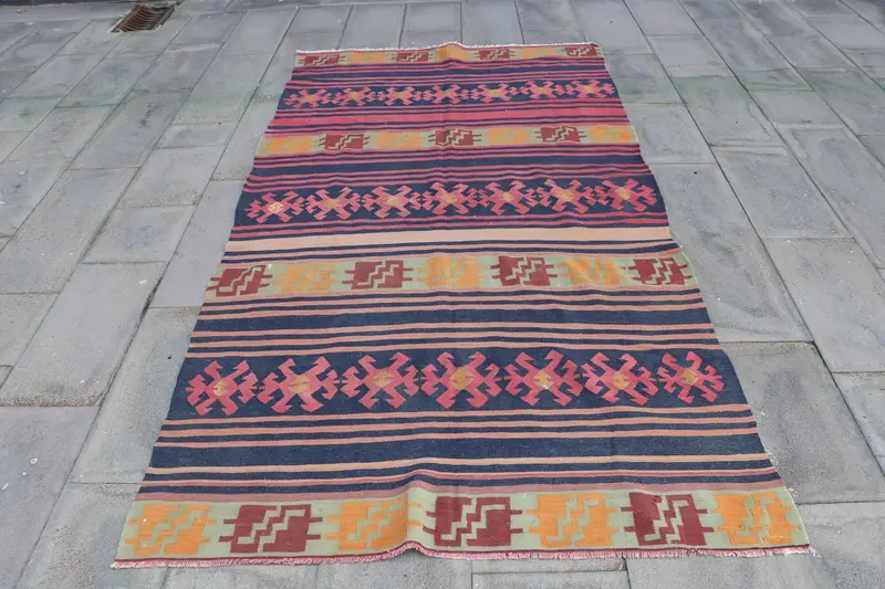 4.6x8.6 ft Vintage Rug, Kilim Rug, Blue Moroccan Rug Wool - 1