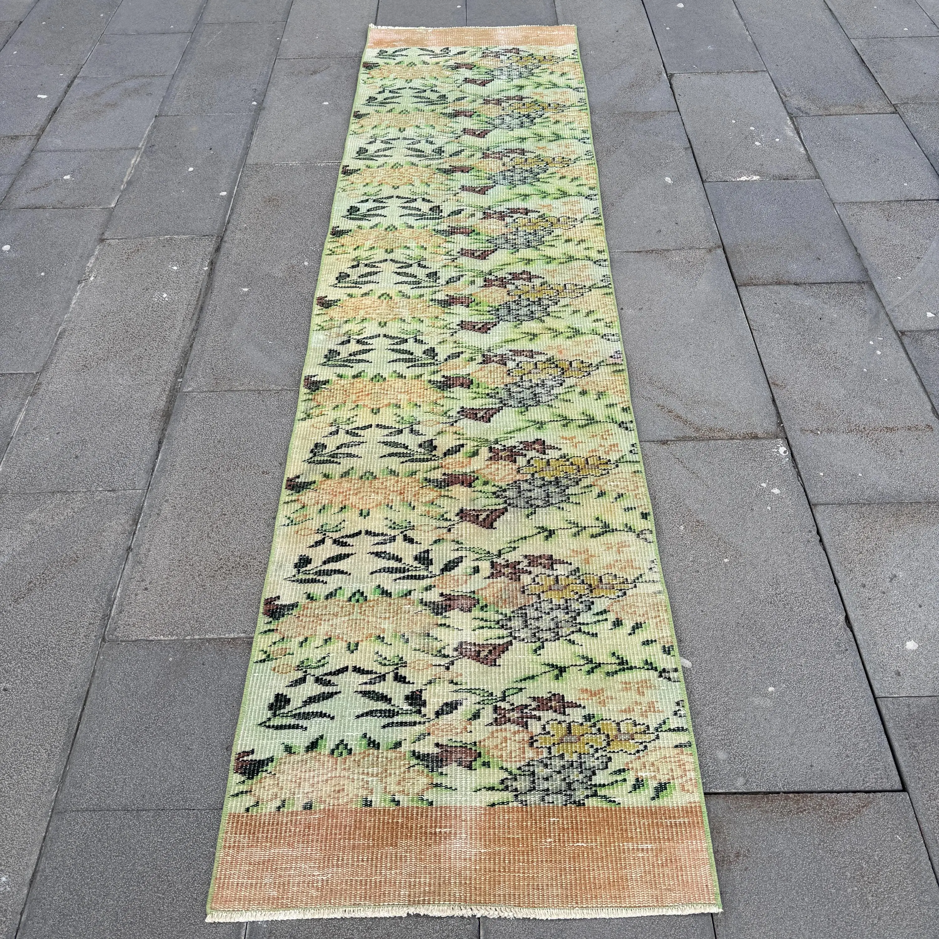 Turkish Vintage Runner Rug 2.2x8.8 ft, Green Polka dot Rug Wool - 1