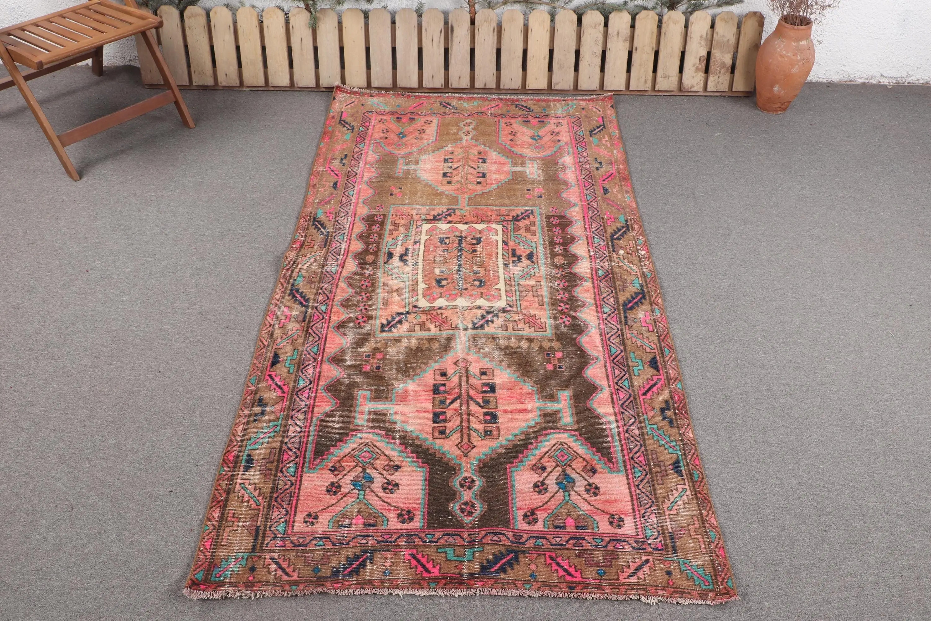 Vintage Rug, Area 3.8x7.3 ft Turkish Rug, Brown Floral Wool Rug - 1