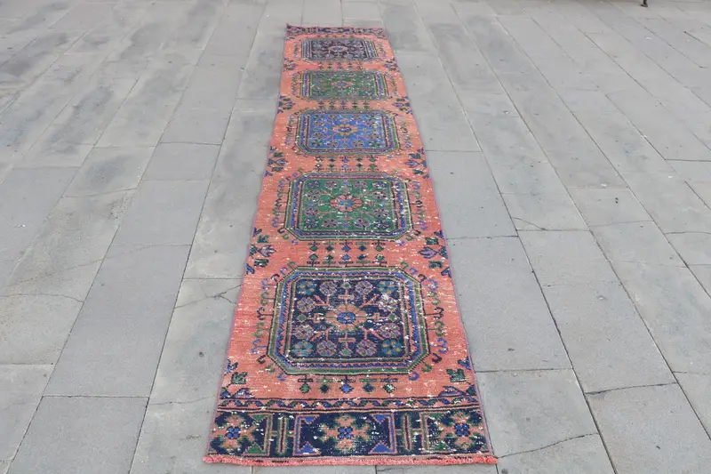 2.2x11 ft Vintage Rug, Turkish Runner Rug, Red Blue Patchwork Rug - 1