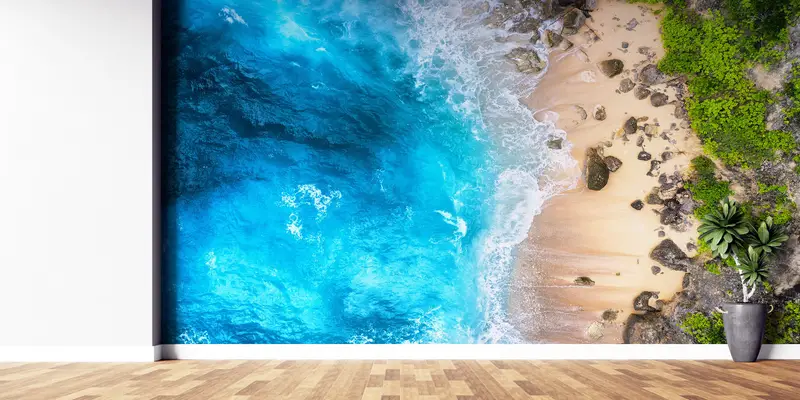 Strandwandpapier, blaue Wandkunst, Meeres -Tapete, Blick auf Wandkunst, Küstenwandmalerei, Wellenwandplakat, Küstenwallpaper, - 1
